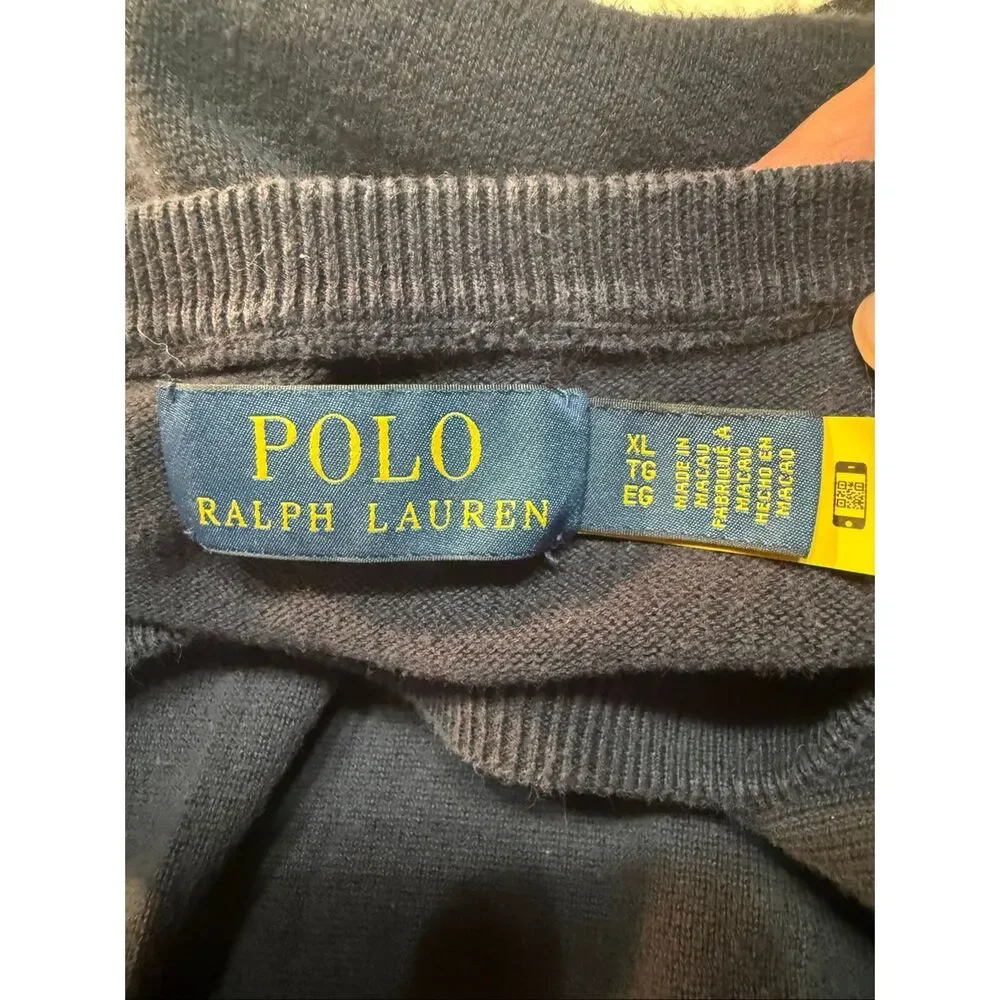 Polo Ralph Lauren navy blue Cotton crewneck sweater embroidered logo crest Sz XL